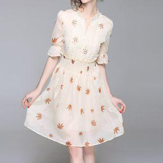 Maple Print Elbow-sleeve A-line Chiffon Dress