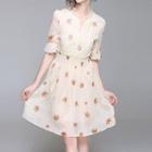 Maple Print Elbow-sleeve A-line Chiffon Dress