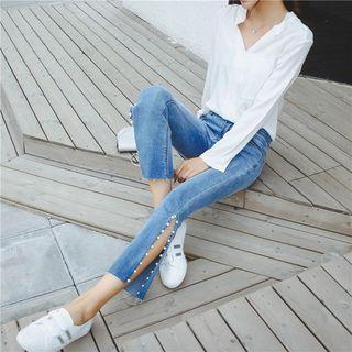 High-waist Slit-side Cropped Jeans