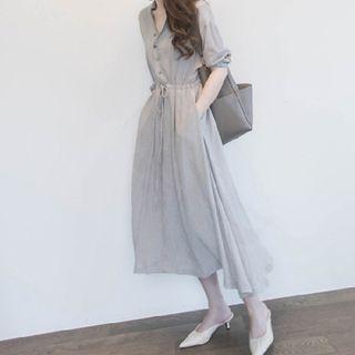 Long-sleeve V-neck Plain Drawstring Midi Dress