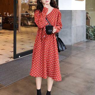Long-sleeve Polka Dot A-line Midi Dress Polka Dot - One Size