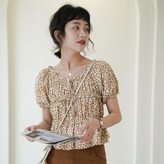 V-neck Printed Floral Ruffle Cropped Blouse Almond - One Size