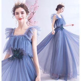 Sleeveless Square-neck A-line Mesh Evening Gown