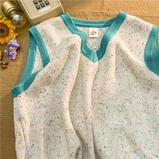 V-neck Contrast-trim Knit Vest As Figure - One Size
