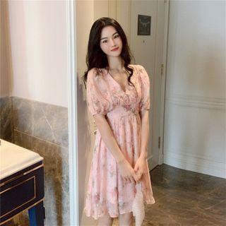 Puff-sleeve Floral Print A-line Dress / Puff-sleeve Floral Print Maxi Dress
