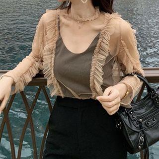 Frilled Trim Mesh Long-sleeve Top