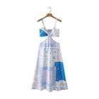 Spaghetti-strap Print Cut-out Midi A-line Dress