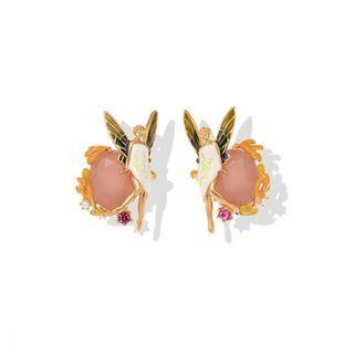 Fashion Simple Plated Gold Enamel Flower Fairy Pink Cubic Zirconia Stud Earrings Golden - One Size