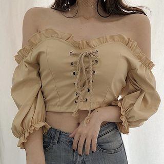Plain Off-shoulder Slim-fit Blouse
