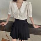 Puff Sleeve Peter Pan Collar Faux Pearl Shirt / Pleated Mini A-line Skirt