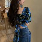Puff-sleeve Tie-back Floral Cropped Blouse Blue - One Size
