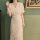 Fringed Short-sleeve V-neck Ruffle Hem Midi Sheath Dress