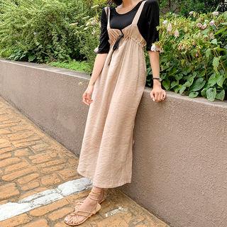 Drawstring-detail Deep-slit Maxi Pinafore Dress