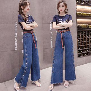Short-sleeve Sun Print T-shirt / Buttoned Wide Leg Jeans