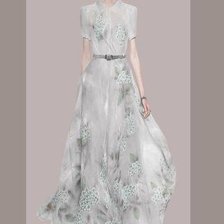 Set: Short-sleeve Floral Maxi A-line Dress + Belt