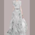 Set: Short-sleeve Floral Maxi A-line Dress + Belt
