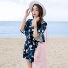 Elbow-sleeve Floral Print Swimsuit