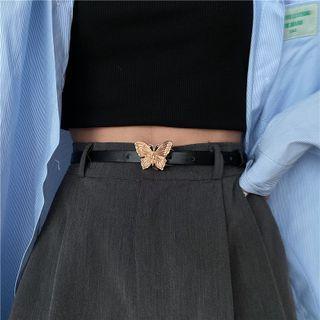 Butterfly Buckled Faux Leather Belt Black - One Size