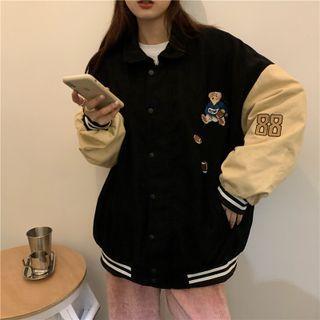 Bear Print Fleece Baseball Jacket