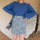 Cold-shoulder Long-sleeve T-shirt / Floral Print Mini A-line Skirt