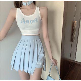 Embellished Lettering Cropped Tank Top / Pleated A-line Mini Skirt
