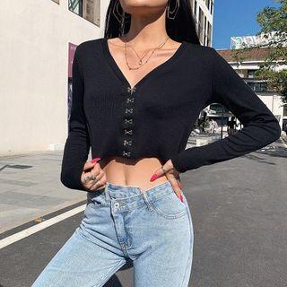 V-neck Long-sleeve Hook & Eye Cropped Top