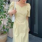 Short-sleeve Plain Midi Dress Light Yellow - One Size
