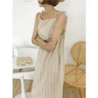 Tie-shoulder Deep-slit Long Stripe Dress