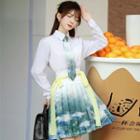 Shirt / Puff-sleeve Blouse / Printed Neck Tie / Printed Pleated A-line Skirt / Set