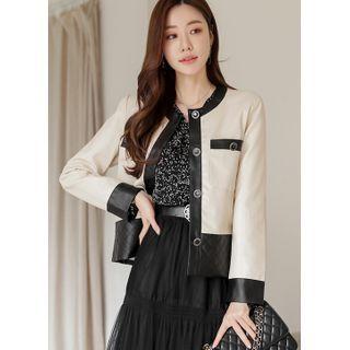 Quilted-hem Faux-leather Jacket Beige - One Size