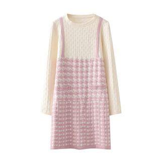 Mock Two-piece Patterned Knit Dress Almond & Pink - One Size