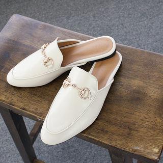 Metallic-buckle Faux-leather Mules