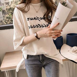 Lettering Side-slit Elbow-sleeve T-shirt
