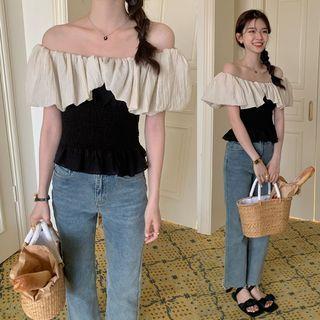 Short-sleeve Two Tone Blouse Black - One Size