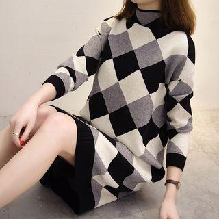 Mock Neck Argyle Patterned Sweater Dress