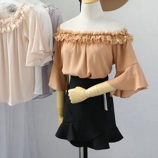 Ruffled Off-shoulder 3/4 Sleeve Chiffon Top