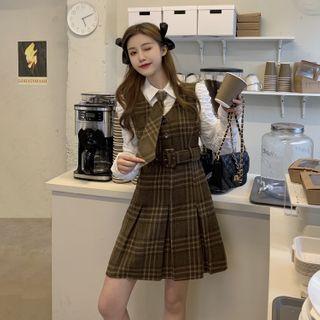 Plain Shirt / Plaid Tie / Mini Overall Dress / Set