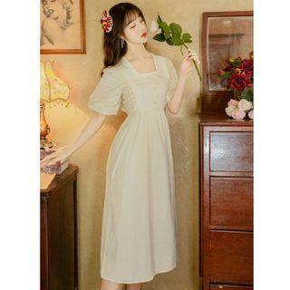 Square-neck Lace Trim Midi A-line Dress