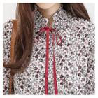 Smocked Tie-neck Floral Pattern Blouse