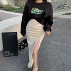 Lettering Crop Sweatshirt / Shirred Slit Pencil Skirt