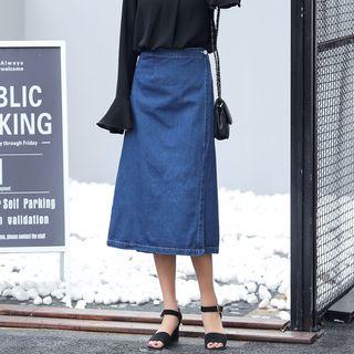 Wrap Front Midi Denim Skirt