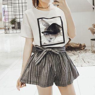 Set: Short-sleeve T-shirt + Striped Wide Leg Shorts