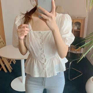 Puff-sleeve Button-up Peplum Top