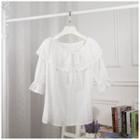 Elbow-sleeve Frill-trim Blouse White - One Size