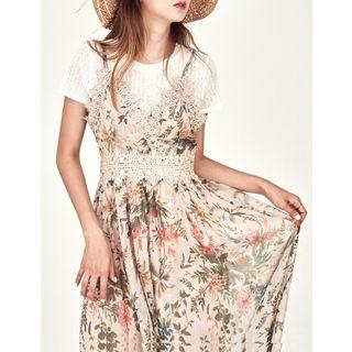 Set: Round-neck Textured Top + Spaghetti-strap Pattern Dress