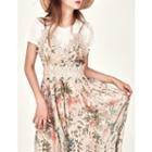 Set: Round-neck Textured Top + Spaghetti-strap Pattern Dress