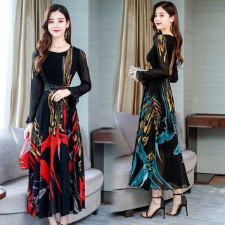 Printed Long-sleeve Midi A-line Chiffon Dress