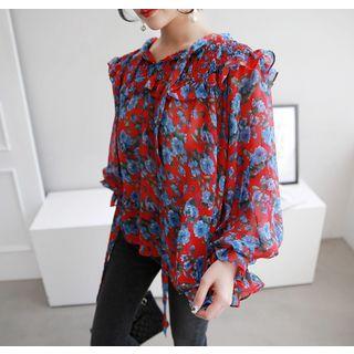 Tie-neck Capelet Smocked Floral Chiffon Top