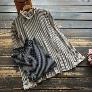 Long-sleeve Lace Trim Mock-neck Striped Top