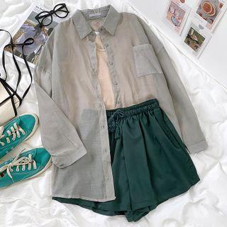 Long-sleeve Sheer Shirt / Tank Top / Wide Leg Shorts